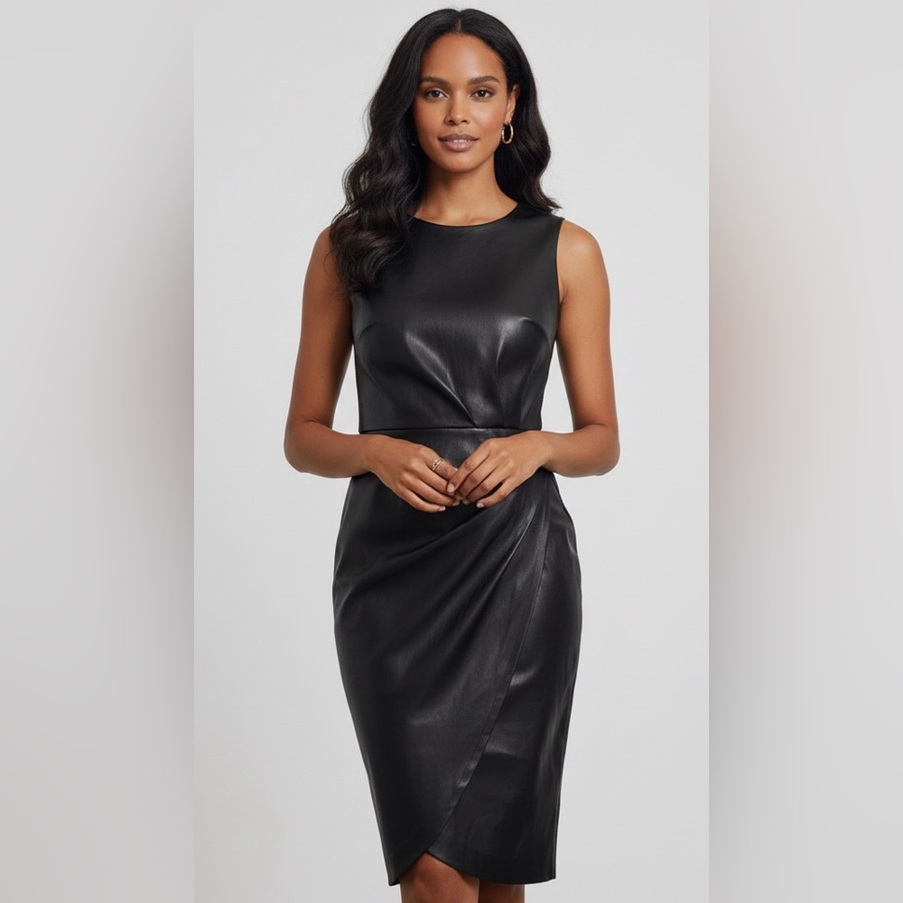 Calvin Klein black sleeveless faux leather dress, define waistline, back vent,12
